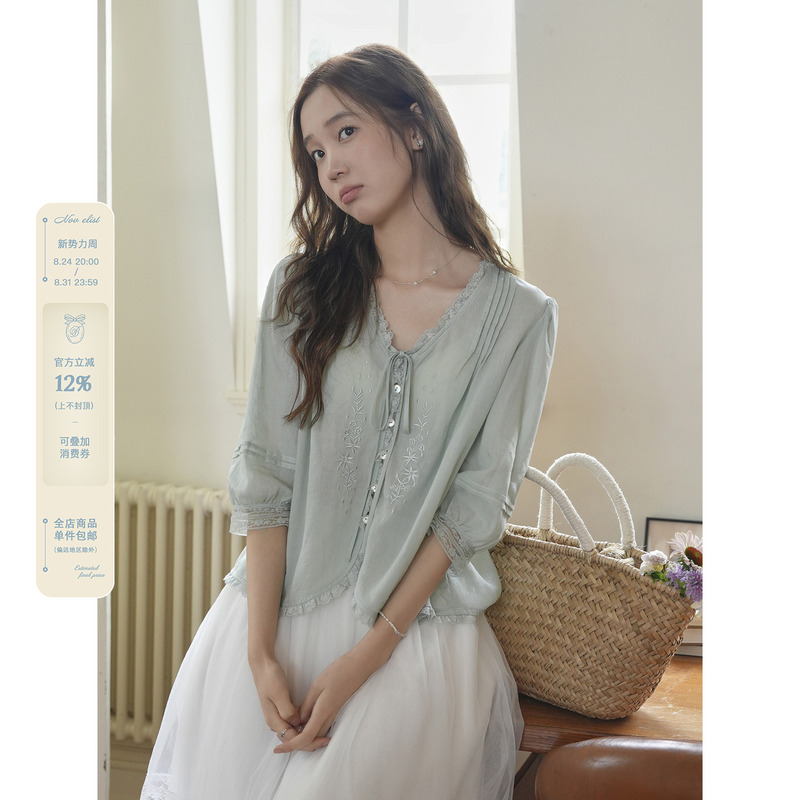 Nov Elist Summer Relaxed Three-Quarter Sleeve Linen Shirt V-Neck Embroidered Cardigan