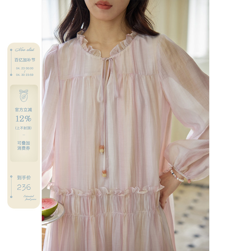 Nov Elist Gentle Beaded Lace-Up Long-Sleeve Dress for Women with Ruffled Stand Collar Pink Dress for Summer