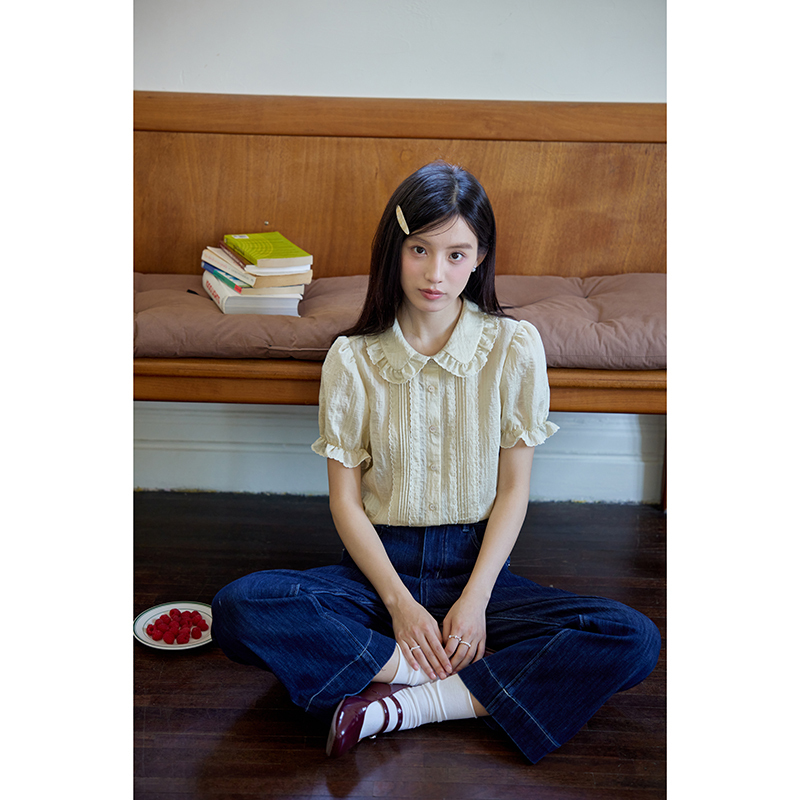 Nov Elist French Sweet Ruffled Color-Blocked Scalloped Puff Sleeve Shirt Summer New Short-Sleeve