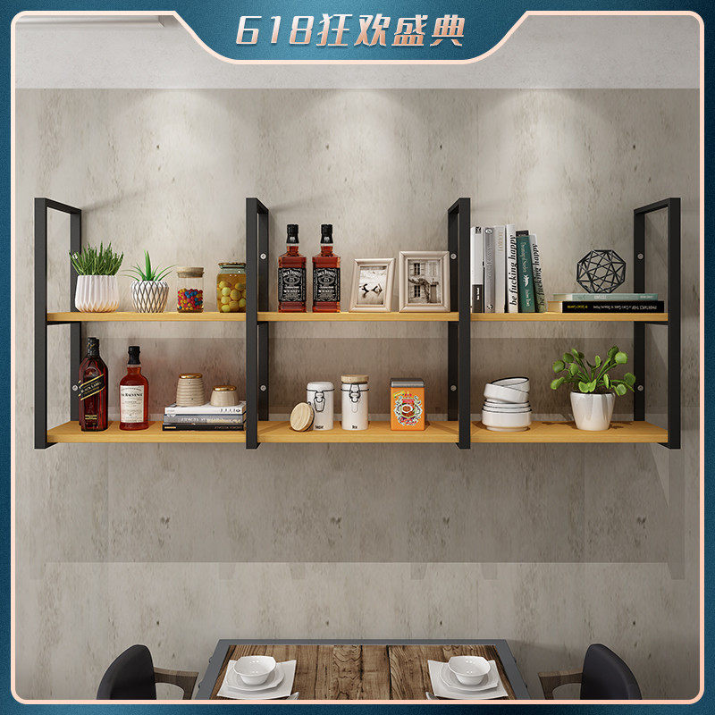 Iron Art Solid Wood Wall-mounted Shelve Hanger Milk Tea Shop Dining Room Wall Shelf Wine Rack Bar Counter Suspension Layer Shelf Custom