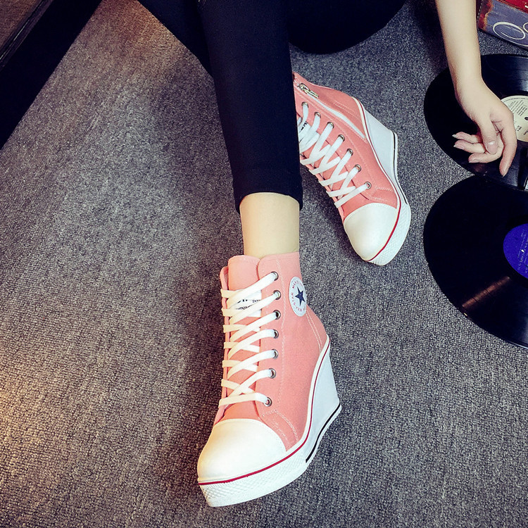 Korean Ulzzang Wedge Canvas Shoes 8cm High-Heeled Korean Style Zipper Lace-Up High-Top Height-Increasing Casual Women's Shoes