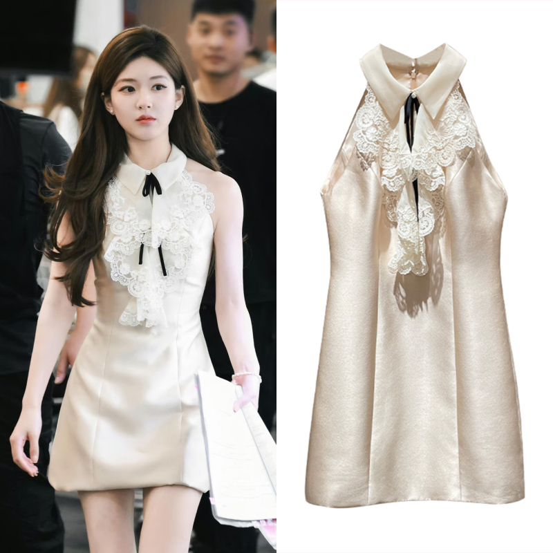 Xu Meiyang Zhao Lusi and Xu Yan's Same Style 2026 Summer New Embroidered Lace Sleeveless Halter Neck High-End Dress