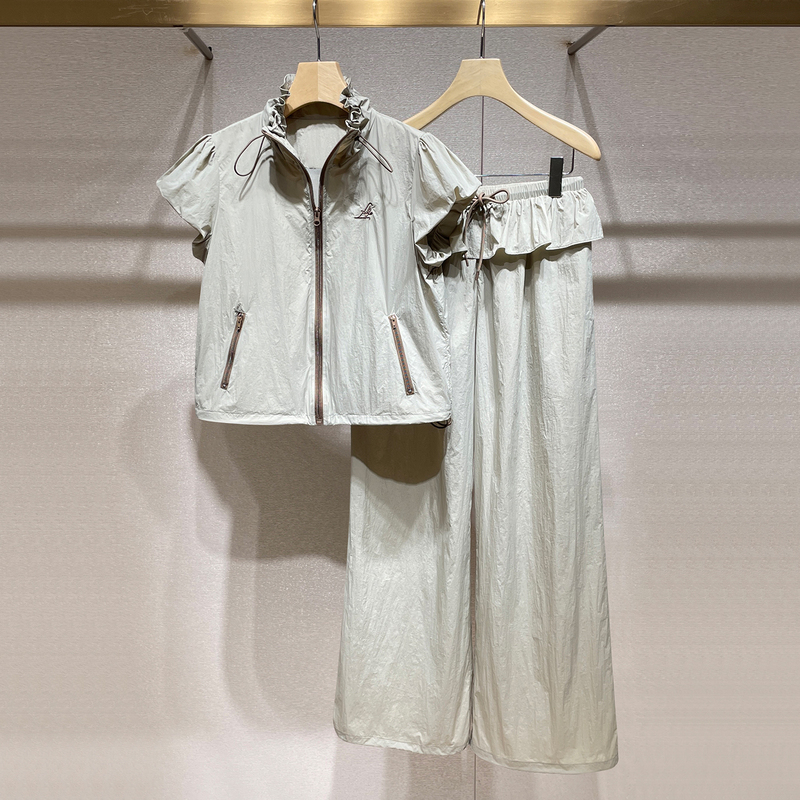 Workwear Style Casual Two-Piece Set 2026 Summer New Niche Design Stand-Up Collar Zipper Jacket High-Waisted Wide-Leg Pants
