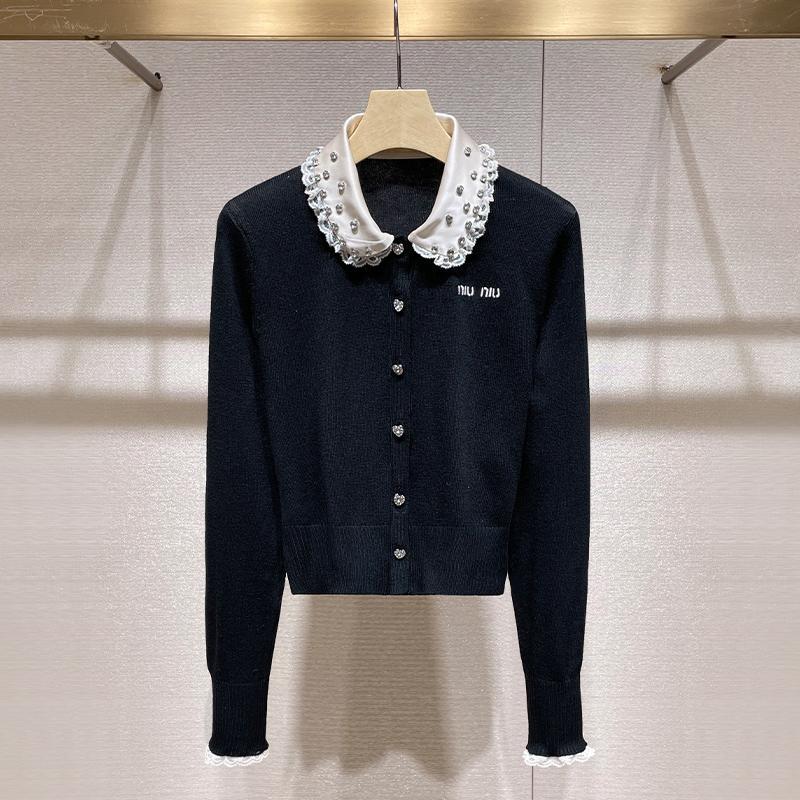 French-Style High-End Tops 2026 Autumn and Winter New Miu Miu Style Rhinestone Lace Doll Collar Knit Cardigan French-Style High-End Tops 2026 Autumn and Winter New Miu Miu Style Rhinestone Lace Doll Collar Knit Cardigan