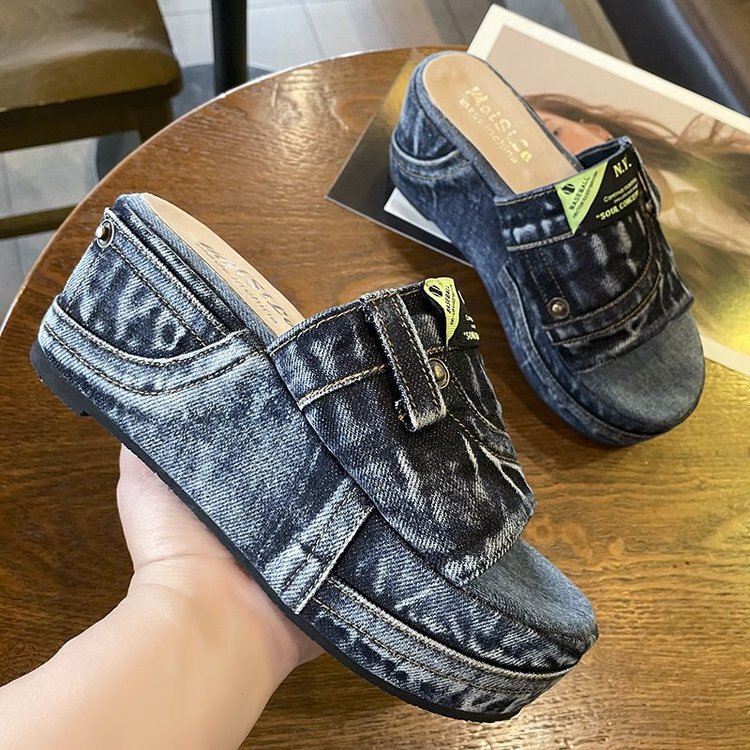 2025 Summer New Fairy Style Denim Internet Celebrity Wedge Slippers for Women, Outdoor Thick-Soled Canvas Trendy Sandals ins