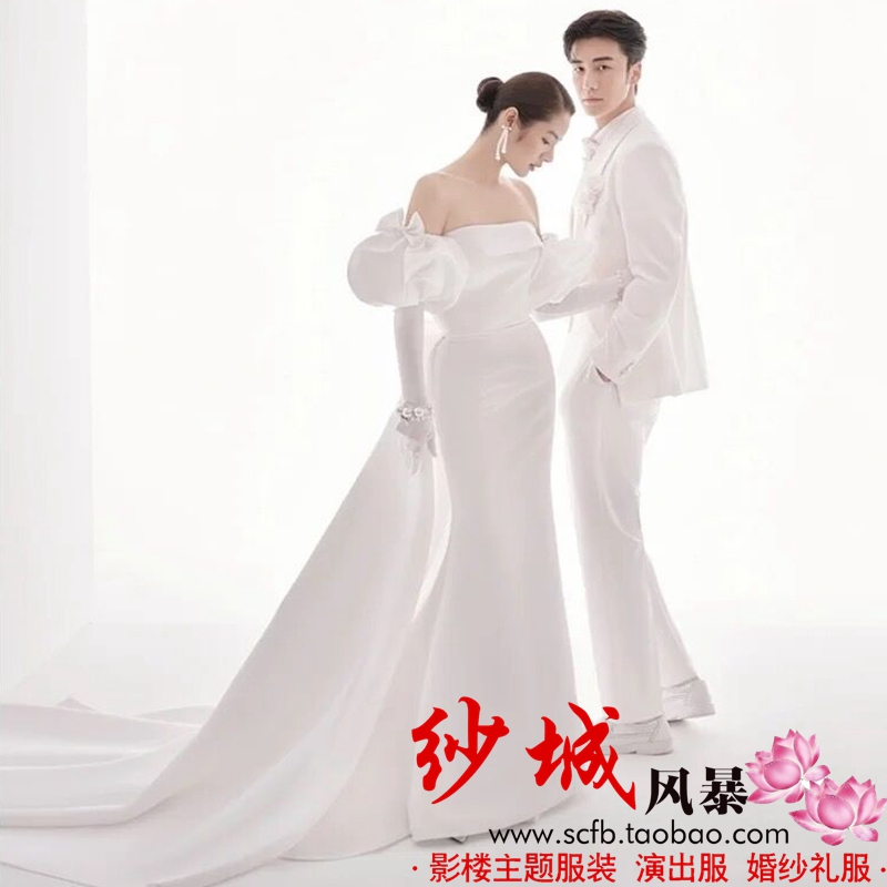 Photo studio theme clothing high-definition satin wedding photography couple photo slim fishtail photo trailing tube top dress
