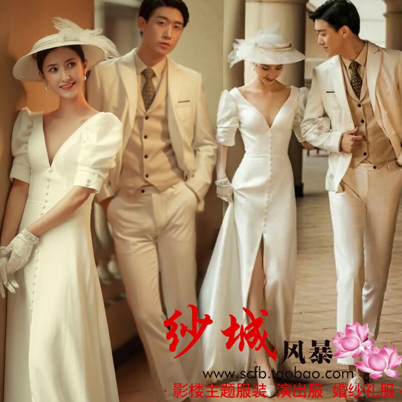 Photo Gallery Themed Clothing New Law Style Satin Lovers Photo Gown Photography Brigade Pat on Genuine Retro Short Sleeve Wedding