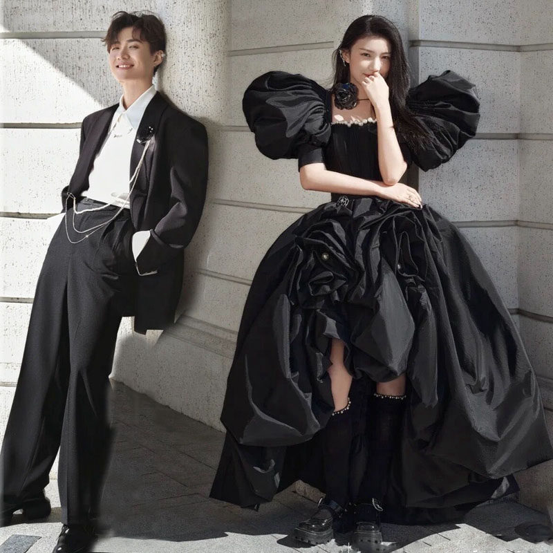 Photo Studio Theme Travel Photography Street Photography Clothing Retro Couple Photoshoot Mori Black Puff Sleeve Wedding Dress French Dress