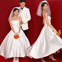 Photo studio theme clothing simple satin sling wedding couple photo retro French mid-length white dress