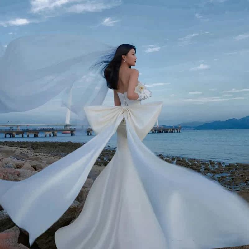 Studio seaside travel photography theme clothing white fishtail photo photo simple big butterfly wedding dress photography dress