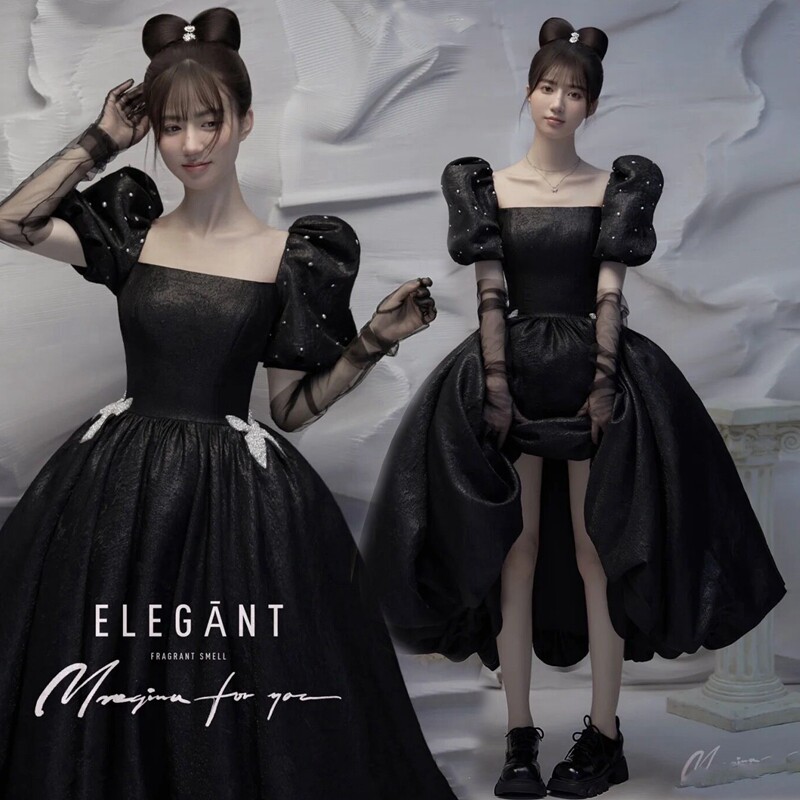 Studio Art Photo Retro Girl Photo Theme Photo Costume Black Dress Hepburn Style Puff Sleeve Wedding Dress