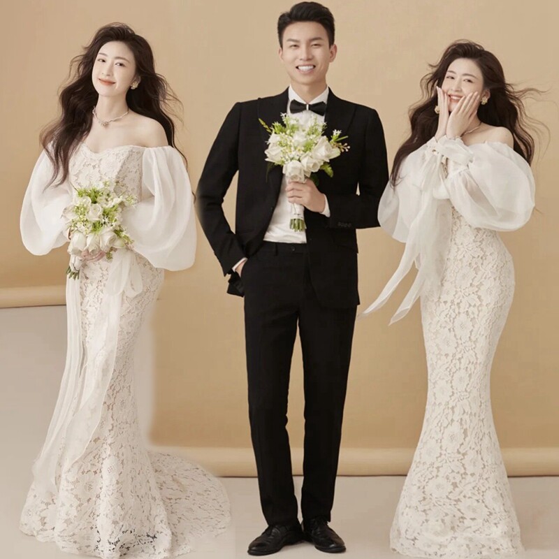 Studio wedding dress theme white lace mermaid clothing photography photo shoot puff sleeve retro simple tube top dress