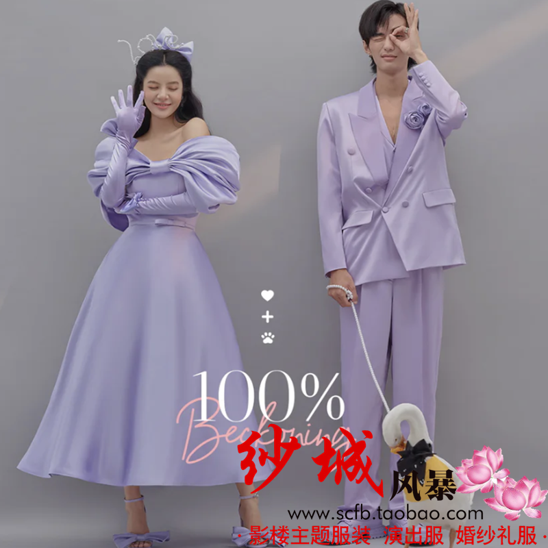 2020 new photo studio wedding theme shooting clothing Korean style sweet bowknot one-shoulder purple satin dress - Taobao