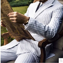 New studio theme mens white striped suit suit Korean version of photo slim performance stage host costume