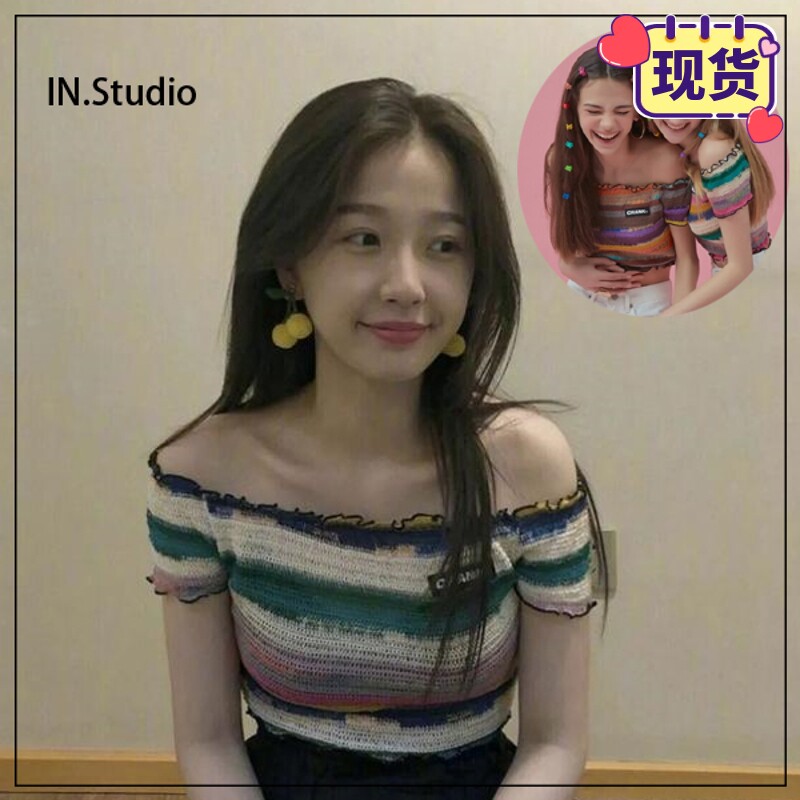 Spot ~ Yu Shuxin Li Zixuan The same ~ blogger recommended INSTUDIO Korean CRANK I Shoulder Striped T-shirt