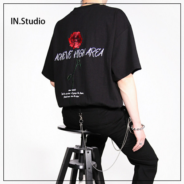 INSTEDIO Korea 19 spring summer ACHA embroidery rose lovers' half-sleeve cotton T-shirt 2 colors