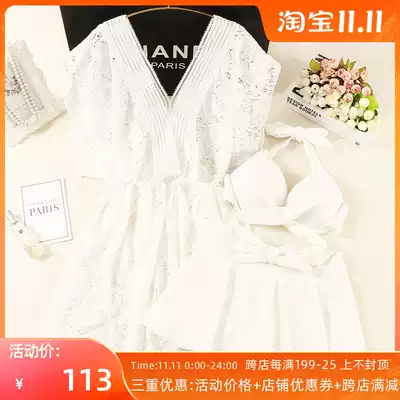2021 New Super fairy Net red white two-piece skirt three-piece swimsuit women conservative thin cover belly hot spring swimsuit