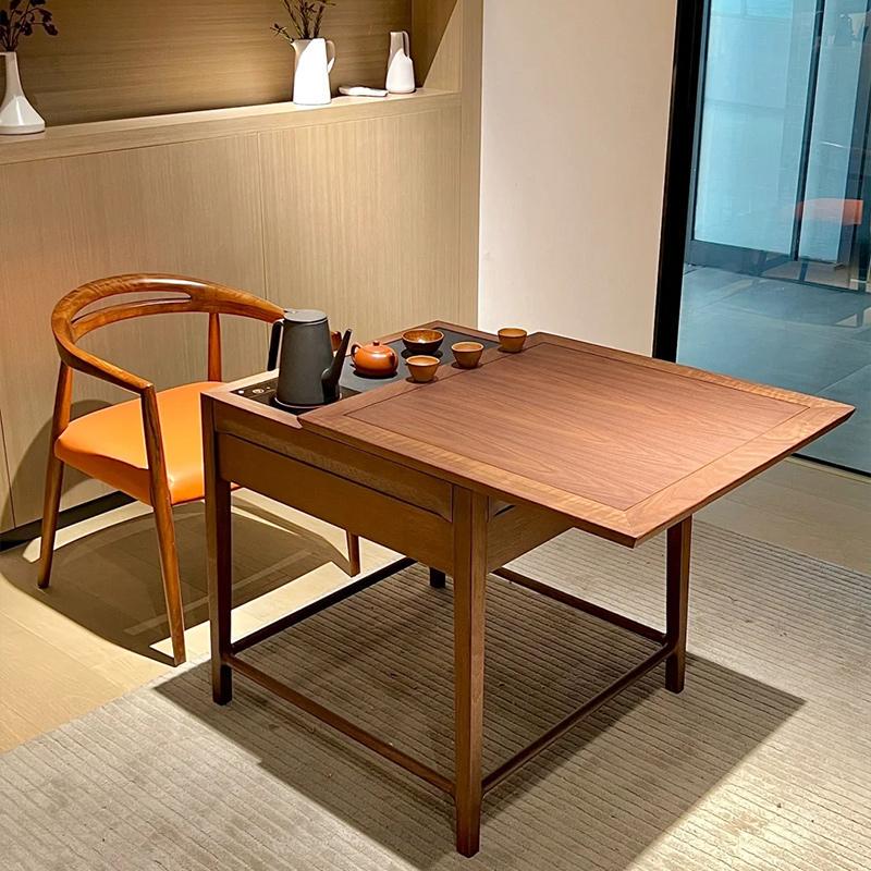 New Chinese-Style Solid Wood Tea Table and Chair Set, Minimalist Tea Table with Integrated Water Boiler, Small Black Walnut Wood Balcony Leisure Tea Table