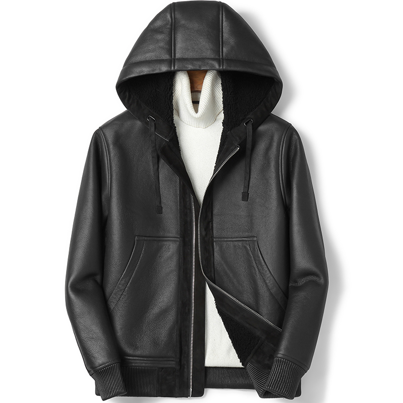 Original fur one male fur coat brown personality short fashion zipper jacket with hat fur coat