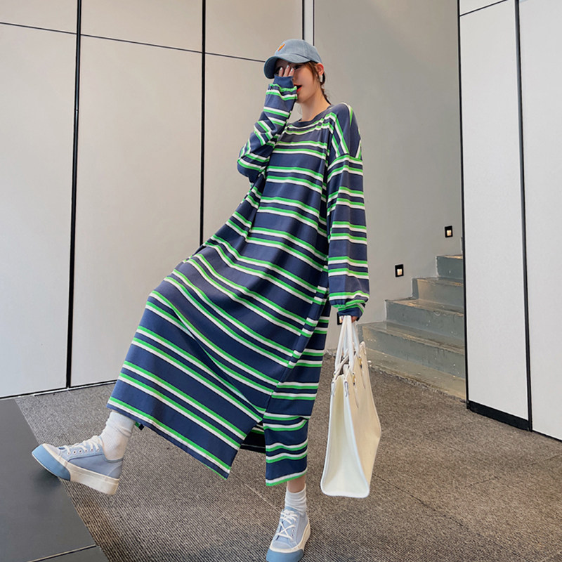 Korean Version Gestational Woman Dress Autumn Clothing Blouse Fashion style Striped Casual Blouse Women Loose medium Long version Ocean Dress Autumn Winter Clothing
