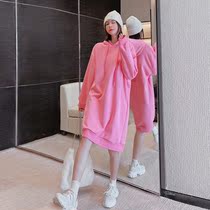 Korean version of maternity wear autumn coat hooded loose size medium length sweater plus velvet padded dress autumn and winter