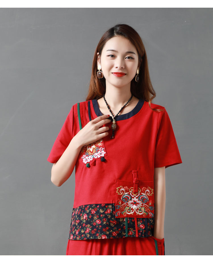 Áo mẹ mùa hè kiểu dáng thêu quốc gia tay áo thêu 40 tuổi trung niên phụ nữ rộng kích cỡ hai mảnh - Quần áo của mẹ áo tuổi trung niên