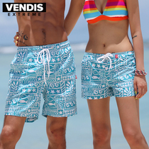 Beach pants couple men and women quick-dry can go into the water anti-embarrassing lining loose five-point swimming trunks seaside holiday blue cartoon