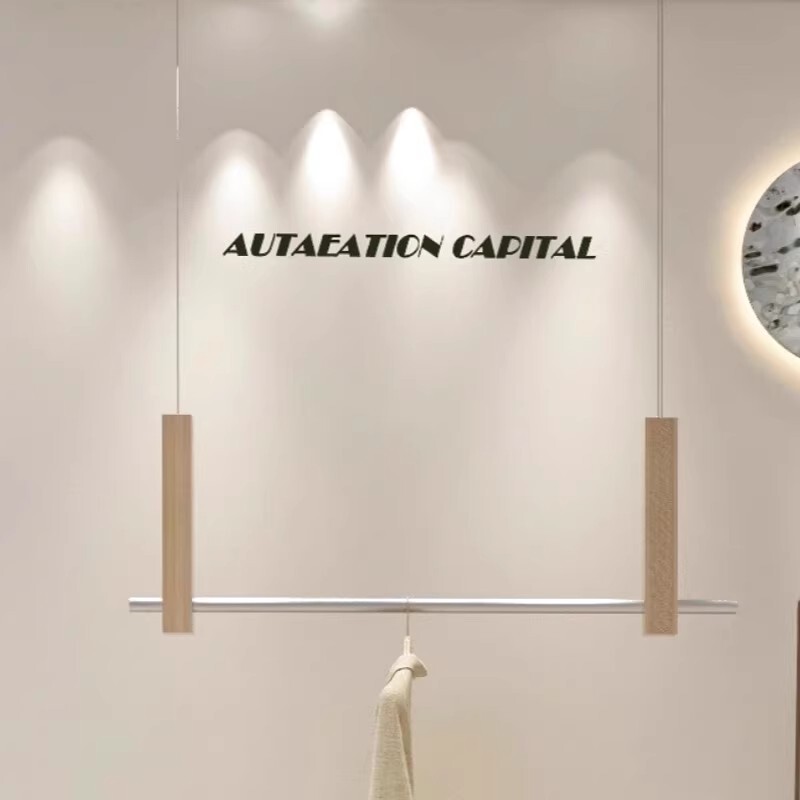 Clothing Store Stainless Steel Hanging Rod Display Rack Walnut Wood Grain Color Ceiling Hanging Clothes Rack Simple Clothing Display Shelf