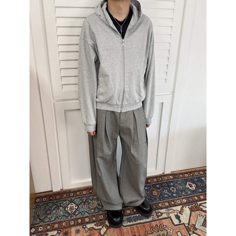 Kubu American High Street Turquoise Casual Cardigan Versatile Loose Heavyweight Autumn and Winter Hooded Sweatshirt Jacket for Men and Women