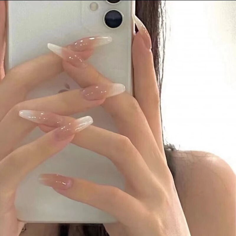 Purely Handmade Wearable Nails, Ice-Clear Peach Gradient White, Maternity Wedding Photo Finished Nail Art Patches, Long-Lasting and Removable