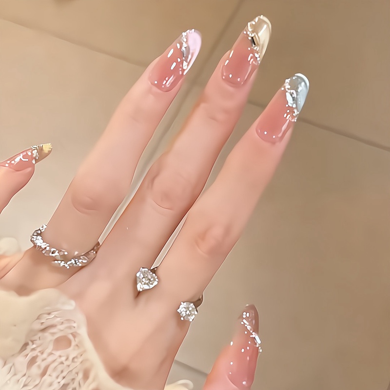 Purely Handmade Dopamine Rainbow Cat Eye Liquid Diamond Press-On Nails, Gradient French Manicure Finished Nail Patches, High-End Whitening Effect