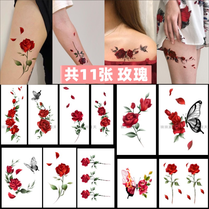 Red Rose Floral Tattoo Sticker for Arm, Fresh Style, Waterproof, Long-Lasting, Realistic Fake Tattoo for Women, New Design for Back