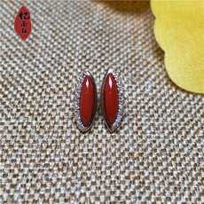 Серьги 忆南红原矿南红玛瑙凉山九口铁皮包浆锦红马眼形耳钉18k玫瑰金镶