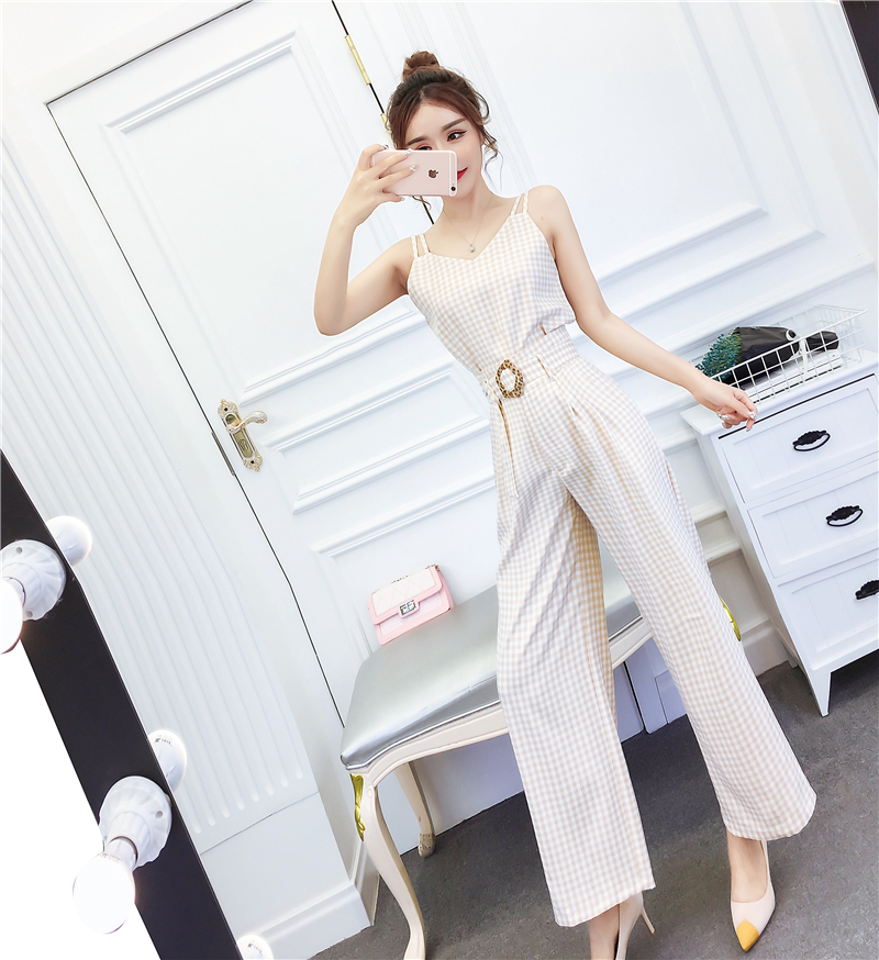 VK旗艦店 韓系V領高腰休閒吊帶連身寬口套裝無袖褲裝