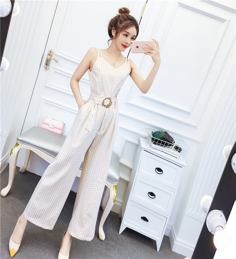 VK旗艦店 韓系V領高腰休閒吊帶連身寬口套裝無袖褲裝