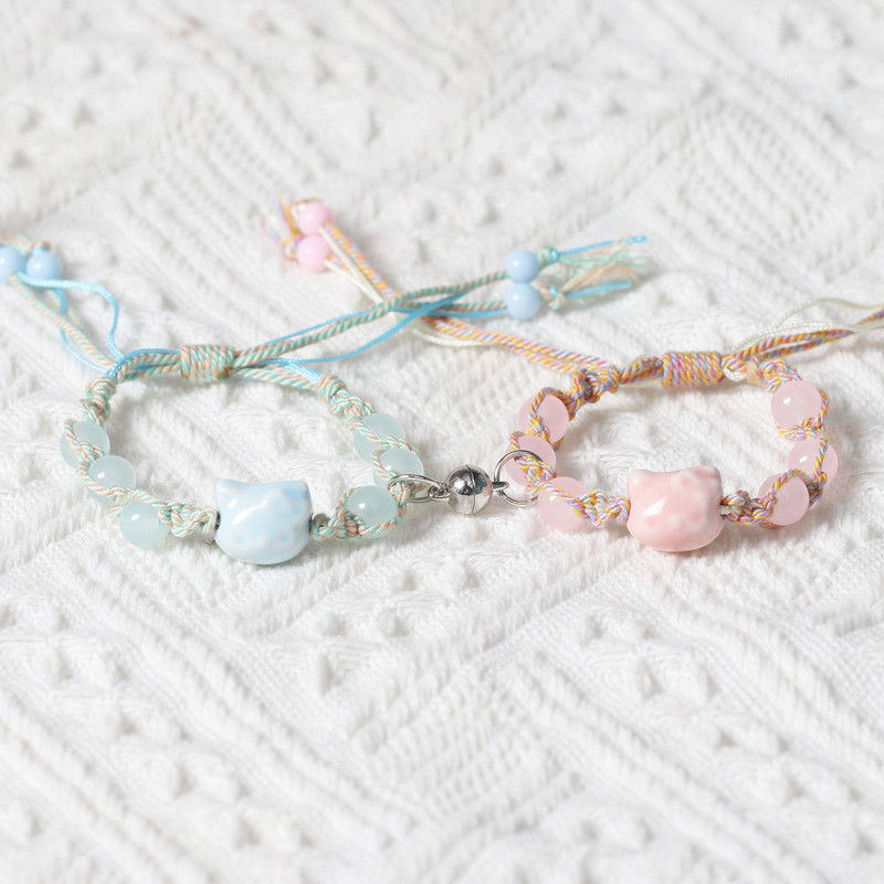 Cute Ceramic Cat Couple Bracelets, Adjustable Woven Bracelets, Gift for Best Friends, Fashionable and Versatile High-Value Jewelry