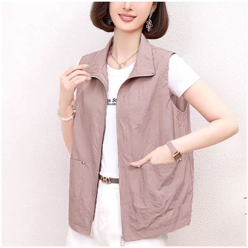 Women's Vest with Large Pockets, Casual, Fashionable, Versatile, Lapel, New Spring and Autumn Style, Middle-Aged Mom's Outerwear, Thin Vest, Trendy