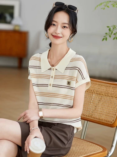 JOLIMENT Летняя футболка для отдыха, трикотажный шелковый свитер, воротник поло