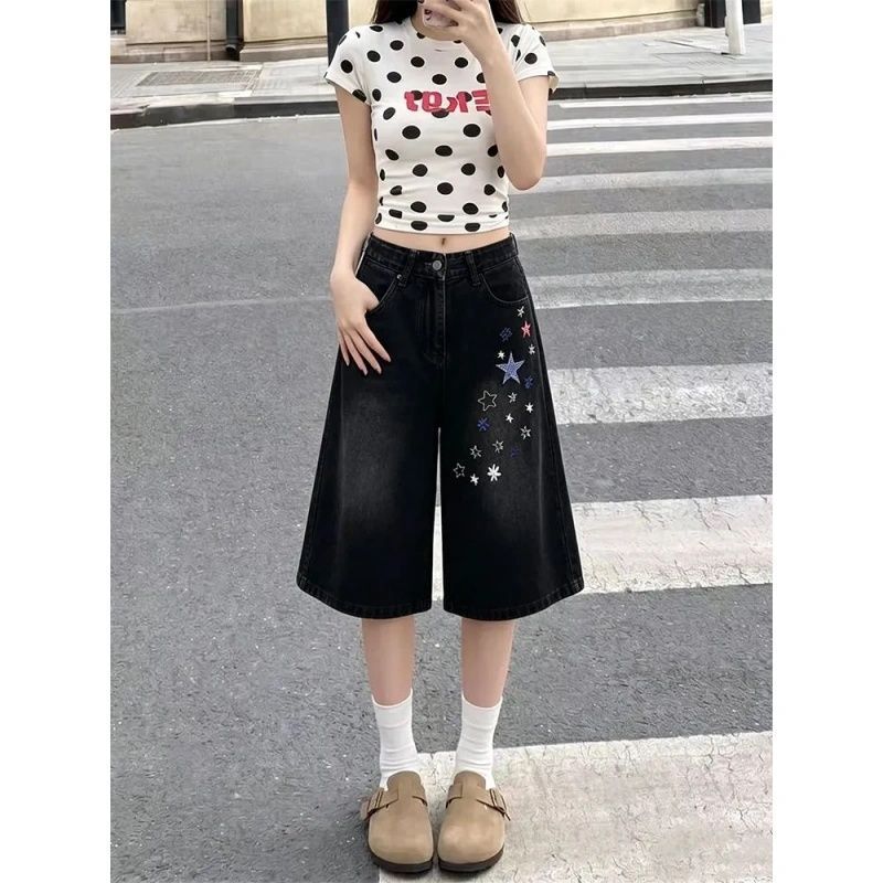 Black Star Patchwork Cropped Jeans for Women, Summer 2026, Loose Fit, Slimming, Versatile Wide-Leg Cropped Pants, Trendy Black Star Patchwork Cropped Jeans for Women, Summer 2026, Loose Fit, Slimming, Versatile Wide-Leg Cropped Pants, Trendy