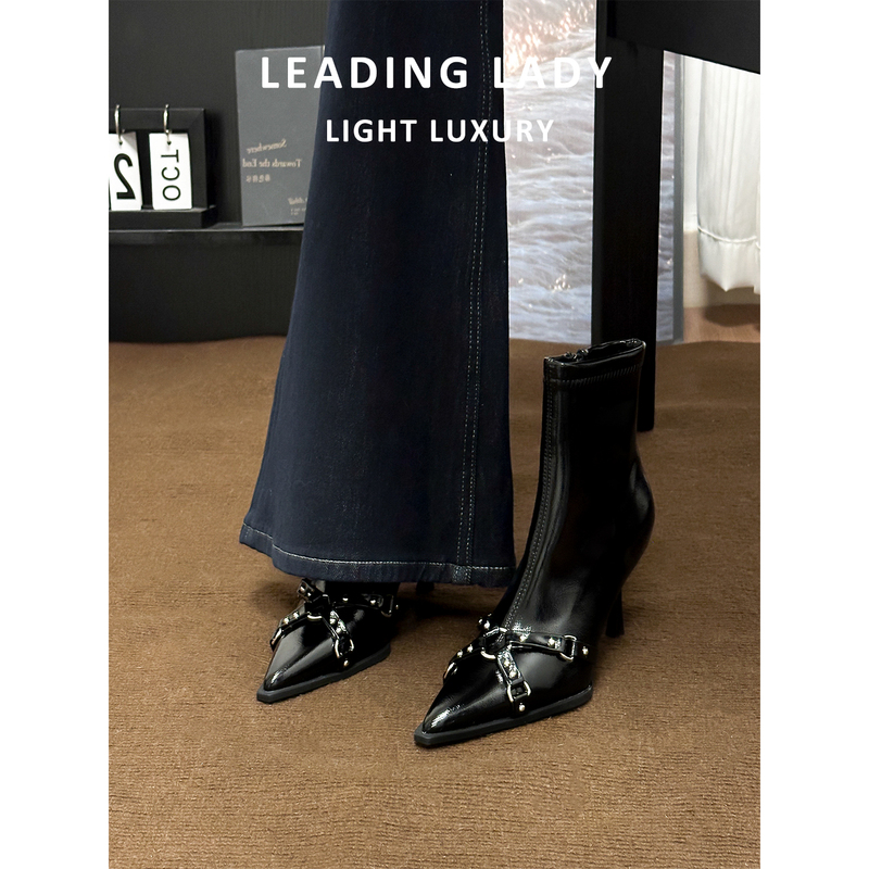 Black Pointed Toe Stiletto Short Boots for Women, French Style, High-Heeled Slim Boots, 2026 Super Stylish Autumn and Winter New Single Boots Black Pointed Toe Stiletto Short Boots for Women, French Style, High-Heeled Slim Boots, 2026 Super Stylish Autumn and Winter New Single Boots