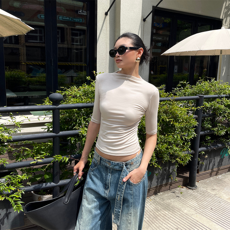 Vjisha New Lyocell Slim-Fit Half-High Collar Mid-Sleeve T-Shirt, Stretchy, Slimming, Stylish Inner Layer Short Top