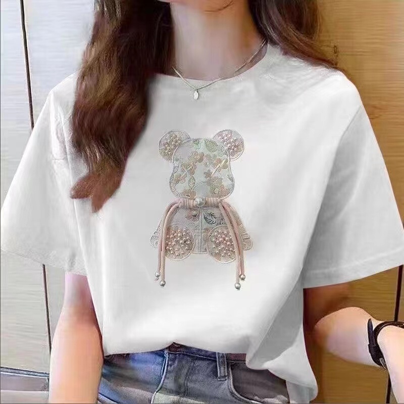 Guochao Bear New Style T-Shirt for Women, Summer 2026 New Design, Printed Retro Pure Cotton Short-Sleeve Tee, Ins Top