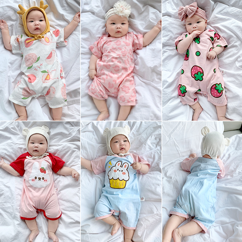 Baby daughter baby pure cotton short sleeve opening hajie newborn baby wear baby wear thin clothes climb pajamas