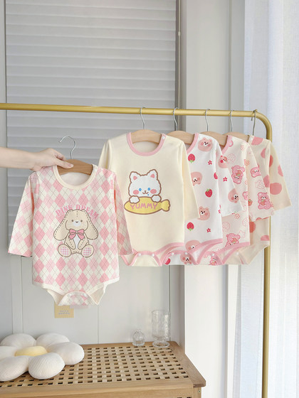 婴儿长袖包屁衣小女童新生儿秋季三角连体哈衣宝宝纯棉睡衣0-2岁