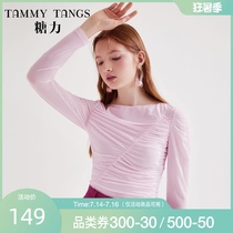 (The same as the mall)Sugar force spring new slim-fit pleated long-sleeved knitted T-shirt womens base shirt top thin section