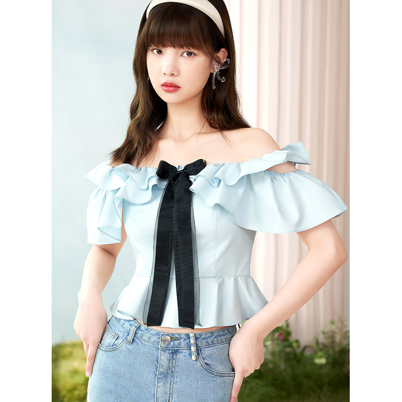 Fresh Water Green【 Same style in shopping mall 】 Sugar power 2021 summer new pattern Color contrast Sternal flower Ruffles Straight shoulder have cash less than that is registered in the accounts smock jacket female