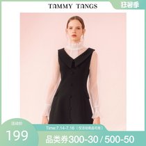 (Shopping mall with the same)Sugar force black little dress Navy wind V-neck thin single-breasted sleeveless dress for women