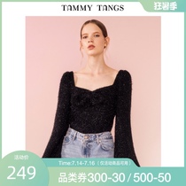 (Shopping mall with the same)sugar force spring new black tassel cut flower lantern sleeve thin short blouse blouse women
