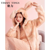Sugar power winter New cream Orange rabbit ear hooded imitation fur loose thick warm plush jacket women