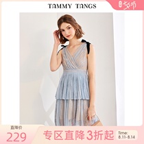 Sugar force summer new light blue sleeveless v-neck strapless bow skirt high waist pleated suspender dress female